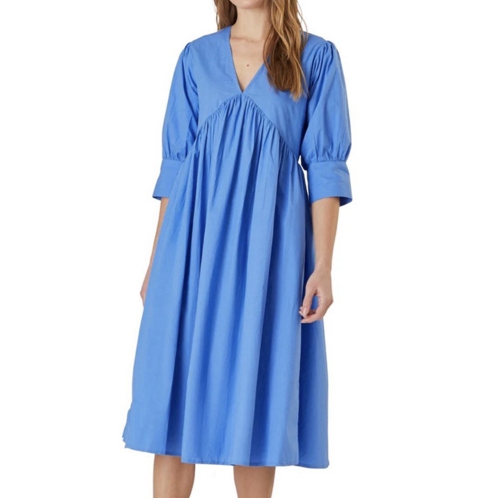 Livro Ingrid Dress‎ Size XS Blue Cotton Midi V Neck Puff Sleeve Pleated